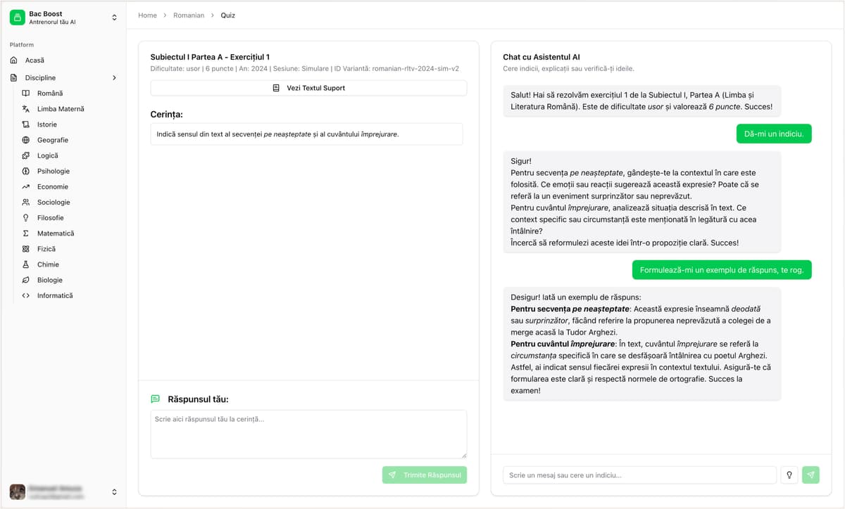 Interfață Pregătire BAC cu Bac Boost AI